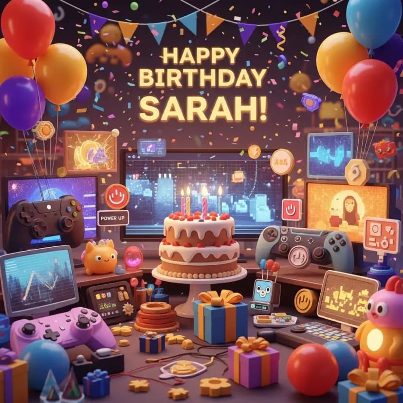 Birthday card example - 3D cute gaming theme for Sarah